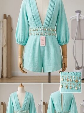 Light Aqua V-Neck Embellished Waist Romper 100% Cotton
